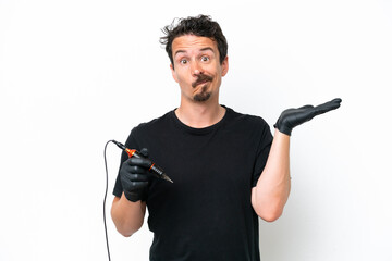 Tattoo artist man isolated on white background having doubts while raising hands