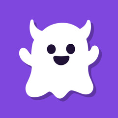 Cute cartoon ghost on purple background.