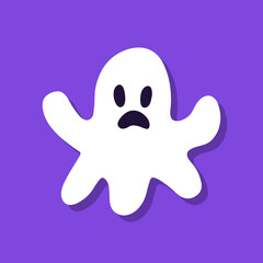 Cute cartoon ghost on purple background.