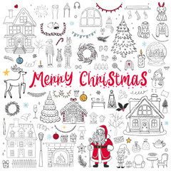 Merry Christmas doodle set. Collection of hand drawn sketch templates of holiday christianity new year symbols. For postcards, packaging and decoration.