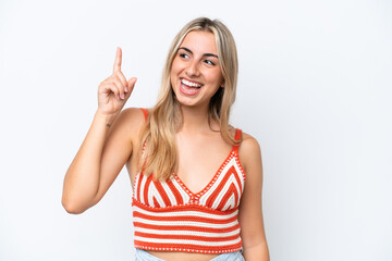 Young caucasian woman isolated on white background intending to realizes the solution while lifting a finger up