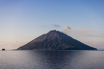 Stromboli Island with an Active Volcano in Tyrrhenian Sea. Italy. Sunny Morning Sunrise Sky. Nature...