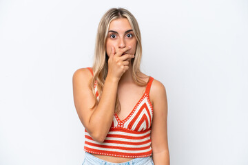 Young caucasian woman isolated on white background surprised and shocked while looking right