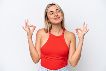 Fototapeta premium Young caucasian woman isolated on white background in zen pose