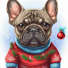 French bulldog illustration with Christmas clothing. Generative AI