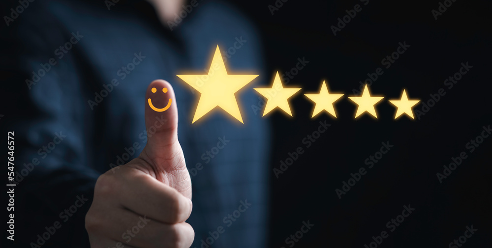 Poster thumb up with glowing yellow five stars for excellent evaluate after customer use product service , 