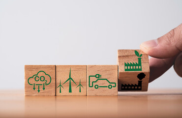 CO2 reducing ,Green factory and electric vehicle icon for decrease CO2 , carbon footprint and carbon credit to limit global warming from climate change, Bio Circular Green Economy concept.