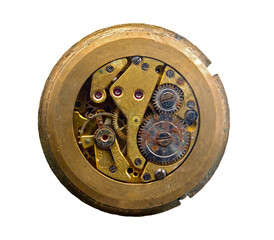 Fototapeta na wymiar old Clockwork details, pinions and wheels macro closeup isolated on white