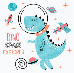 cute dino flying in space. 