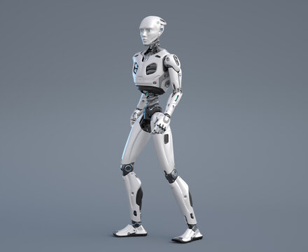 Robot android posing on a gray background