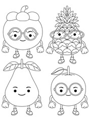 Set vector outline illustration of fruits mascot character for coloring book