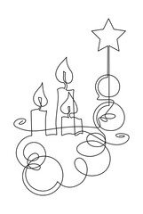 Garland of New Year and Christmas decorations for home or Christmas tree. Continuous line drawing illustration