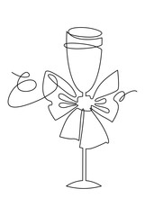 Glass of champagne decorated with a serpentine bow. Christmas decoration. Continuous line drawing illustration