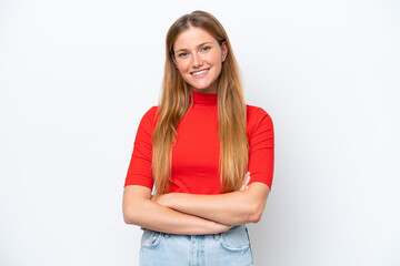 Young caucasian woman isolated on white background keeping the arms crossed in frontal position