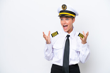 Airplane caucasian pilot woman isolated on white background with surprise facial expression