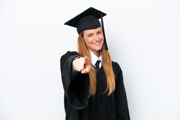 Young university graduate caucasian woman isolated on white background points finger at you with a confident expression