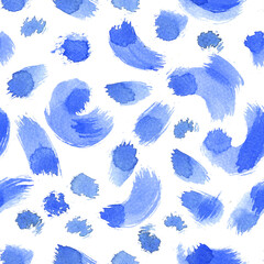Fototapeta na wymiar Bright, watercolor, seamless pattern with blue brush strokes on a white background. Watercolor brush strokes background.