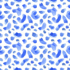 Artistic, watercolor seamless background with blue brush strokes on a white background. Basic, simple pattern with bright spots. Texture for textiles, wallpapers, fabrics, wrapping paper.