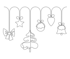 Garland of New Year and Christmas decorations for home or Christmas tree. Continuous line drawing illustration