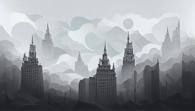 Fantasy cityscape. High-rise buildings with spiers jut out in the mist and clouds. Beautiful painting in gray and black.
