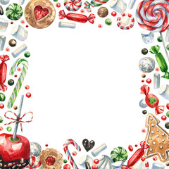 Christmas illustration - frame with gingerbread cookies, sweets, lollipops, cookies isolated on a white background. Christmas, New Year traditional treats. Card, menu
