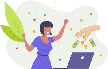 Young woman freelance employee getting paid online, Internet earning concept