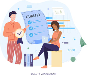 Quality management, business people meeting quality control standards