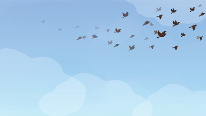 青空の空と雲の中を飛ぶ鳥の群れの背景イラスト