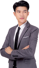 Portrait young asian businessman in suit with confident transparent file.