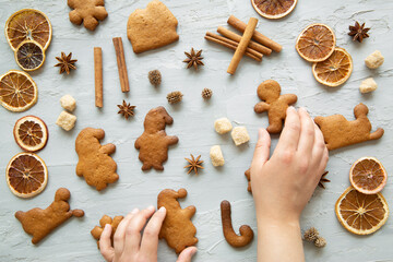 Female hands hold gingerbread cookies. Different kinds of cookies and Christmas spices on grey...
