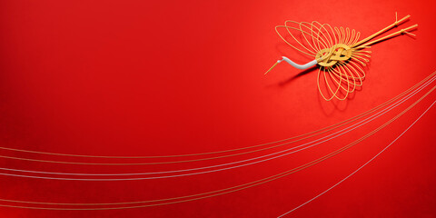 赤い背景に置かれた水引の鶴 / コピースペースのあるお正月・年賀状・新春の背景イメージ / 3Dレンダリング