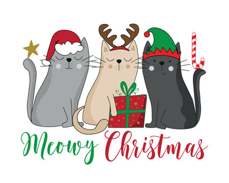 Meowy Christmas - Santa cat, reindeer cat, and elf cat with Christmas presents. Hand drawn vector design.