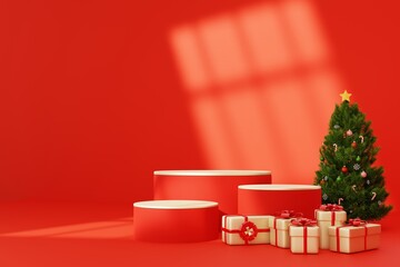 red steps pedestal podium for Christmas and new year holiday. Christmas tree and gifts and aesthetic window shadow with red background. 3d illustration