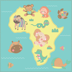 Map of Africa with wild animals. African animals in the nature. African animals living in savannah. The fauna of Africa.