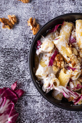 Creamy pasta with ricotta, walnuts and radish. Vegetarian macaroni pasta with ricotta and radicchio.