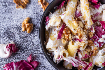 Creamy pasta with ricotta, walnuts and radish. Vegetarian macaroni pasta with ricotta and radicchio.