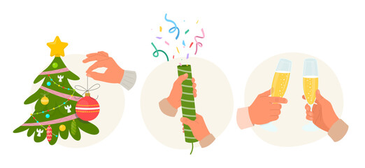 Set of Christmas vector illustrations. Human hands holding glasses of champagne, clapperboard and christmas tree toy. Celebration New Year or Christmas.