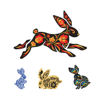 Set of hares, rabbits with ethnic painting easter, vector illustration