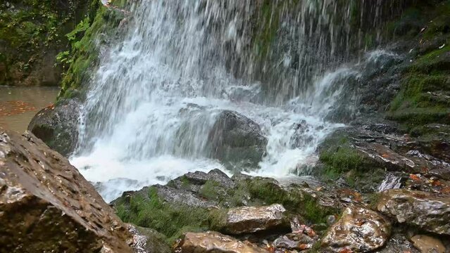 Beautiful waterfall in green forest, top view. Big Waterfall in 4k