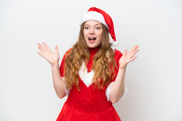 Young caucasian woman with Christmas dress isolated on white background with surprise facial expression