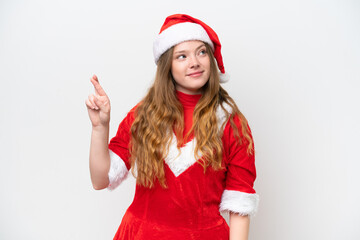 Young caucasian woman with Christmas dress isolated on white background with fingers crossing and wishing the best