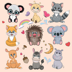 Big set cute funny cartoon animals on a white background.