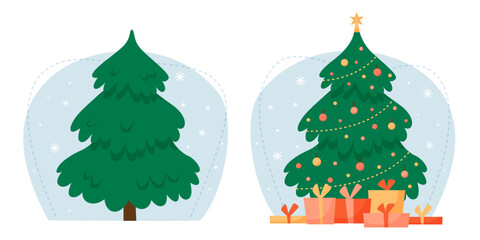 Spruce before and after Christmas and New Year. Decorated Christmas tree with gifts. Vector flat illustration.