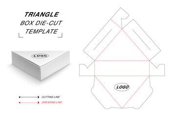 Triangle box die cut template with 3D blank vector mockup for food packaging