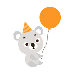 Cute little koala in birthday hat holding balloon. Cartoon animal character for kids t-shirt, nursery decoration, baby shower, greeting card, house interior. Vector stock illustration