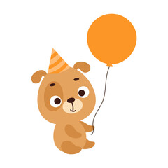 Cute little dog in birthday hat holding balloon. Cartoon animal character for kids t-shirt, nursery decoration, baby shower, greeting card, house interior. Vector stock illustration