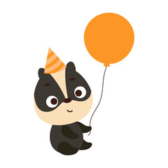 Cute little badger in birthday hat holding balloon. Cartoon animal character for kids t-shirt, nursery decoration, baby shower, greeting card, house interior. Vector stock illustration