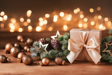 Gift or present boxes, snowy fir tree and golden holiday decoration on wooden table against magic...