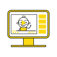 Man blogger recording media content on computer screen. Content production for social media. Bloggers concept. Vector stock illustration