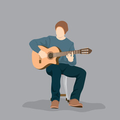 Vector illustration of a young guitarist sitting and playing a guitar